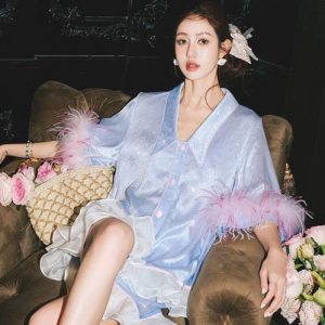 Ostrich feather Ladies Nightwear Pyjamas 2Pcs Set Silk PJS Long Sleeve Sleepwear