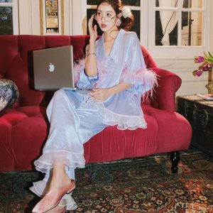Ostrich feather Ladies Nightwear Pyjamas 2Pcs Set Silk PJS Long Sleeve Sleepwear