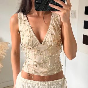 beige gold sequin v neck sleeveless going out summer cami y2k crop tank top