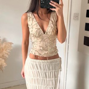 beige gold sequin v neck sleeveless going out summer cami y2k crop tank top