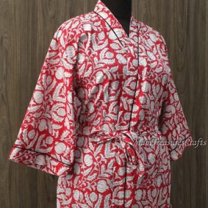 Indian Red Floral Hand Block Print Cotton Kimono Robes Women Night Dress Kimono