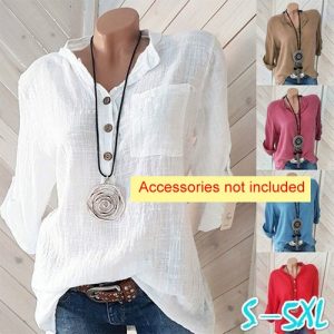 Summer Long Sleeve T-Shirt Womens Tunic Cotton Linen Pullover Blouse Tops Ladies