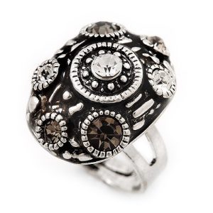 Dome Shaped Diamante Fancy Ring In Burn Silver Metal