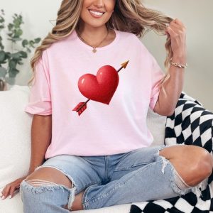 Red Heart Arrow Womens Ring-Spun T-Shirt Cupid Love Valentines Gift For Her
