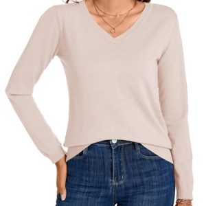 MINTLIMIT Women’s V-Neck Lightweight Knit Jumper Long Sleeve Casual Beige Top UK