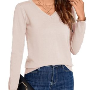 MINTLIMIT Women’s V-Neck Lightweight Knit Jumper Long Sleeve Casual Beige Top UK