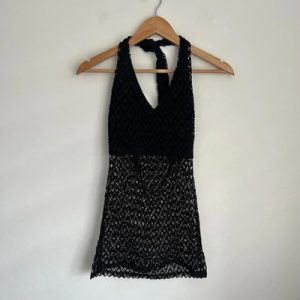 Vintage Black Crochet Y2K Boho Halter Neck Top Fairycore Size Small