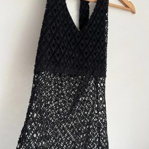 Vintage Black Crochet Y2K Boho Halter Neck Top Fairycore Size Small