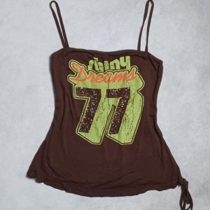 Vintage Y2K Hippie Cami Top Womens Small Brown Graphic Print Sequin 70s 77 90s