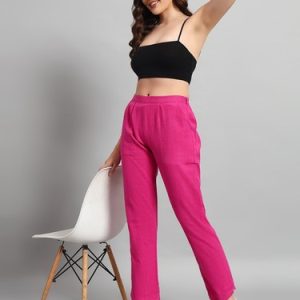 Indian Cotton Linen High Waist Straight Leg Pants Pink Casual Palazzo Trousers