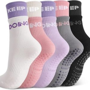 5 Pairs Pilates Grip Socks for Women,Non Slip Womens Pilates Yoga Socks,Long Gri