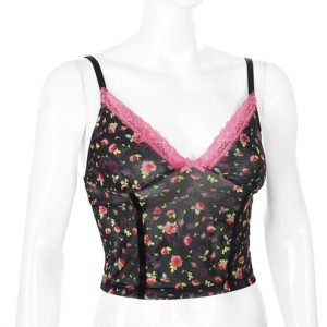 Sheer Black Floral Print And Pink Lace Y2k Style Cami Top, Size Small