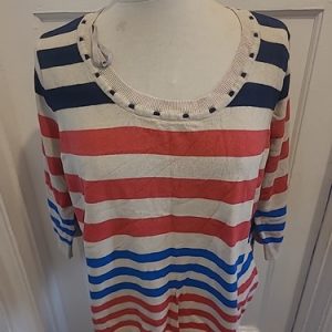Ladies BM Size Large Beige Red Navy Striped Mid Sleeved Lightweight Jumper