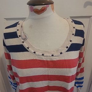 Ladies BM Size Large Beige Red Navy Striped Mid Sleeved Lightweight Jumper
