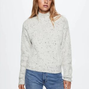 Mango Women High Neck Soft Knitted Speckled Jumper in Light Grey Size L