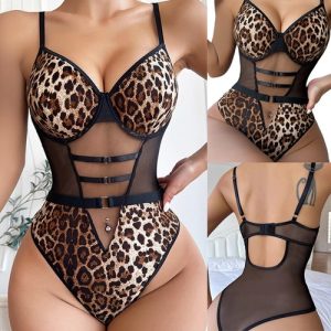 Womens Sexy Leopard Lingerie Sleepwear Babydoll Underwear Mesh G-String Bodysuit