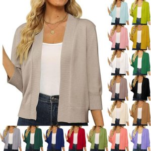 Womens 3/4 Sleeves Knitted Open Autumn Bolero Cardigans Jumper Coat Tops Size UK