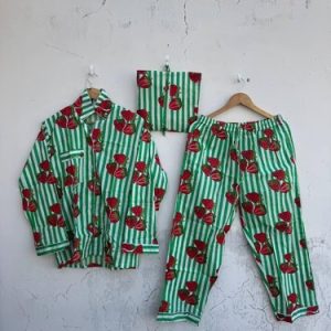 Indian 100%Cotton Hot Pant With Top & Pajama PJ Sets Nightwear Suit Stripe Print