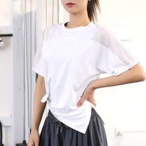 Women Mesh Patchwork Sport Short Sleeve Yoga Top Quick Dry Loose Running Shirt