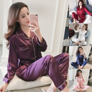 Womens Satin Pyjamas Ladies PJs Silk Long Sleeve Soft Nightwear Sleepwear Set UK