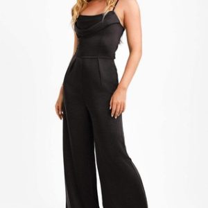 Flounce London Womens Black Satin Jumpsuit Zip Closure Tie Waist RRP £82