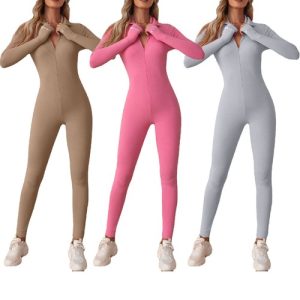 Butt Lifting Yoga Jumpsuit Women Long Sleeve Sports Zipper Rompers Gym Bodysuit