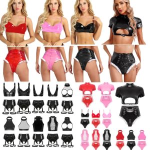 UK Sexy Womens Leather Lingerie Set Bra Tops+Zipper Crotch Briefs Party Clubwear