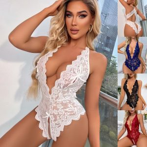 Sexy Women Lingerie See through Lace Crotchless Bodysuit Sexy Nightwear Babydoll