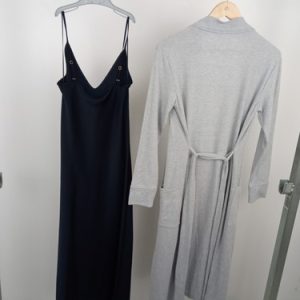M&S Womens 2pcs Navy Long Satin Nightie Grey Ribbed Long Dressing Gown Size XS/6