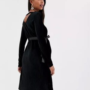 Mamalicios Maternity Jersey Velvet Ribbed Tie Bow Dress Black Size Large