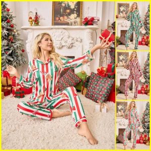 Women’s 2-Piece Christmas Pajama Set, Long Sleeve Button-Up Loungewear UK