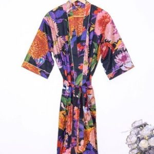 Indian Black Floral Print Cotton Robe Long Kimono Sleepwear Night Suit Kimono