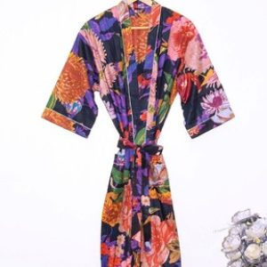 Indian Black Floral Print Cotton Robe Long Kimono Sleepwear Night Suit Kimono