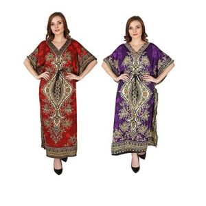 Womens Polyester Floral Design Kaftan Ethnic Dress Combo Caftan Red Purple Color