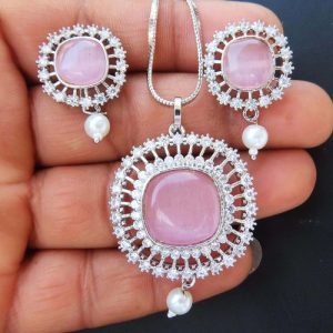Pink Pendant Necklace Earrings Set Silver Plated Cubic Zircon Jewelry for Women