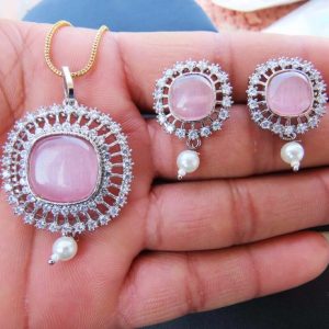 Pink Pendant Necklace Earrings Set Silver Plated Cubic Zircon Jewelry for Women