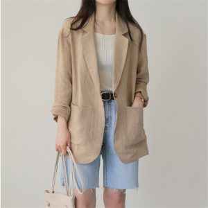 Women Cotton Linen Suit Cardigan Jacket Top Blazer Retro Ladies Loose Fit Casual