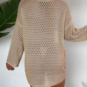 Women’s Maternity Beach Cover Up Dress Long Sleeve Loose Cut Out Swim Cover-Up