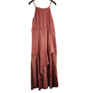shein womens dress pink satin frill hem belted sleeveless square neck size m