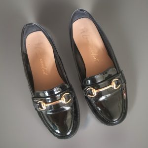 New Look Love Comfort Black Patent Horse bit Loafers Size 3/36 Wide Fit