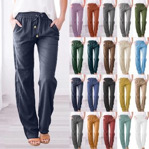 Womens Pocket Cotton Linen Trousers Drawstrings Elastics Waist Casual Pants SIZE