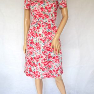 Cath Kidston dress, red pink floral, cotton, fitted short sleeve, small size 8