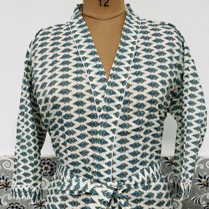 Indian Cotton Green Block Floral Kimono Bath Robe Night Maxi Gown Kimono Robe US