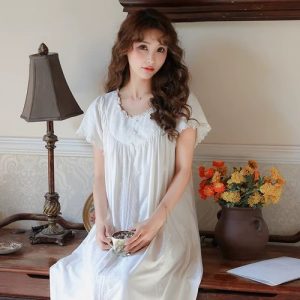 Women’s Vintage Cotton Nightgown Long Lace Sleepwear Short Sleeve Dress