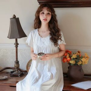 Women’s Vintage Cotton Nightgown Long Lace Sleepwear Short Sleeve Dress