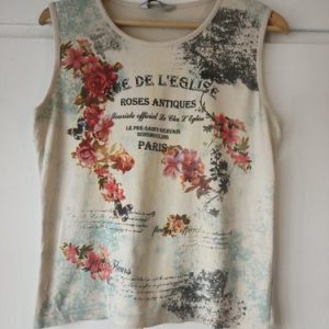 Y2k Floral Paris Print Sleeveless Top Vest Beige UK 16-18 Casual Summer
