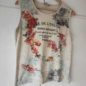 Y2k Floral Paris Print Sleeveless Top Vest Beige UK 16-18 Casual Summer