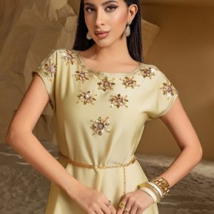 Muslim Women Short Sleeve Long Dress Abaya Kaftan Rhinestone Evening Party Gown