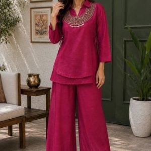 Women’s Designer Maroon Gold Crush Kurti Palazzo Koti Set with Heavy Sequence Wo