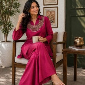 Women’s Designer Maroon Gold Crush Kurti Palazzo Koti Set with Heavy Sequence Wo